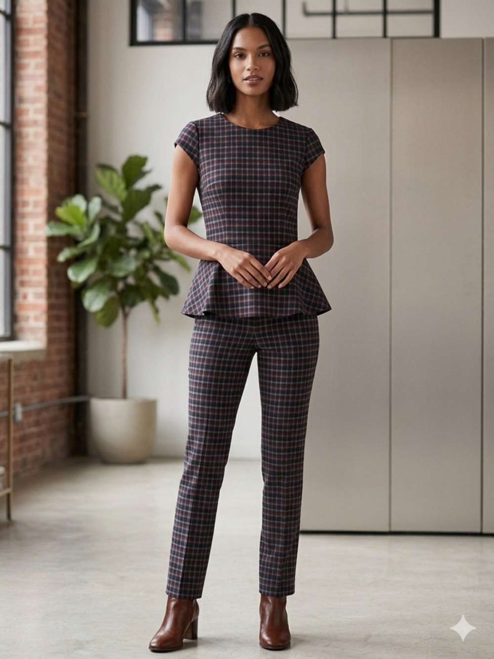 New York & Company Burgundy and Black Plaid Peplum Jumpsuit